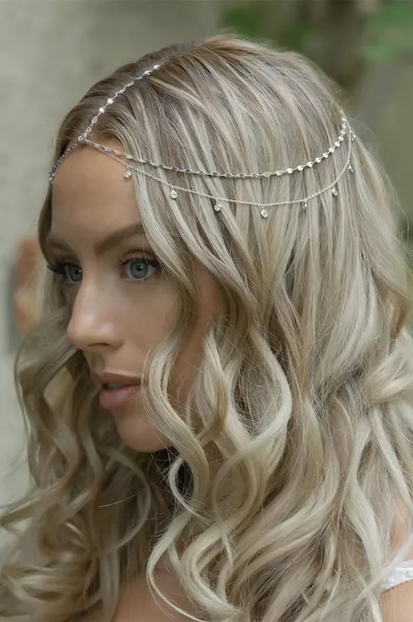 Model wearing the dainty head chain from the side, showcasing the fit.