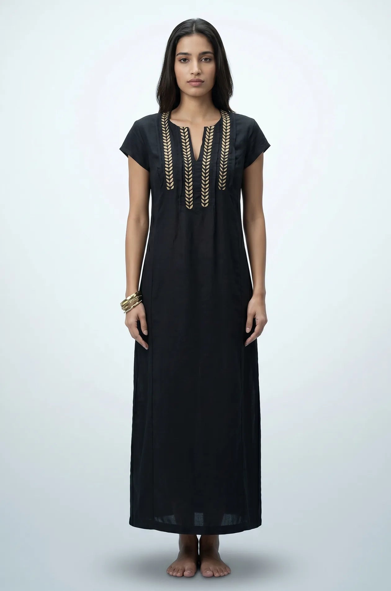 Naylara Iara black gold embroidered maxi kaftan — front full-length studio view