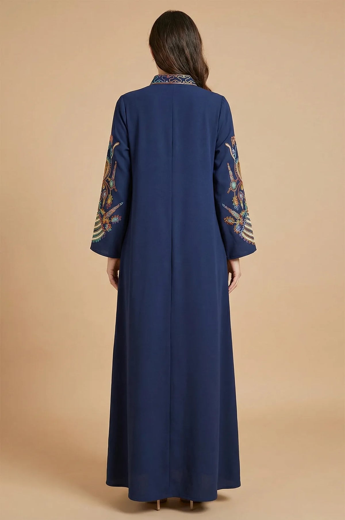 Back view of the Navy Blue Inez Jalabiya Kaftan showing the elegant high collar and floor-length silhouette.