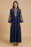Full-length front view of the Naylara Inez Blue Jalabiya Kaftan featuring vibrant rainbow braided embroidery on the bodice.