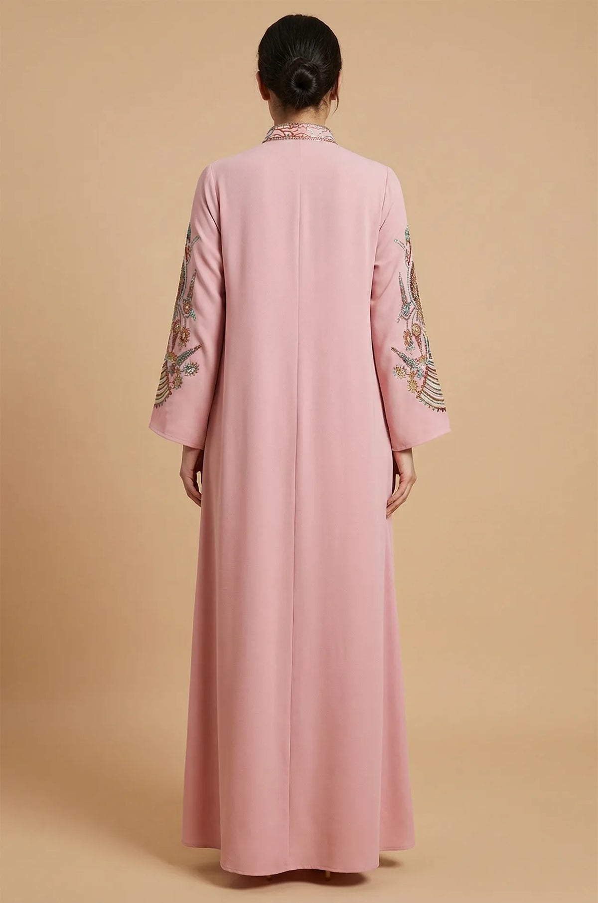 Back view of the Inez Pink Jalabiya Kaftan showing the clean, minimalist lines and high-quality finish of the garment.