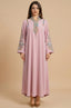 Studio front view of the Inez Pink Jalabiya Kaftan featuring traditional embroidery on a modest, floor-length gown.
