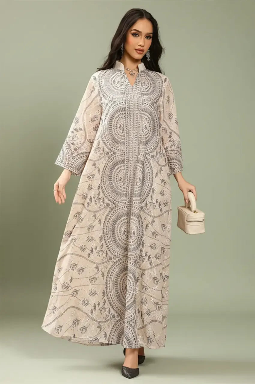 Full front view of the Kaly Beige sheer maxi kaftan by Naylara showcasing the floor-sweeping silhouette and intricate circular embroidery patterns.