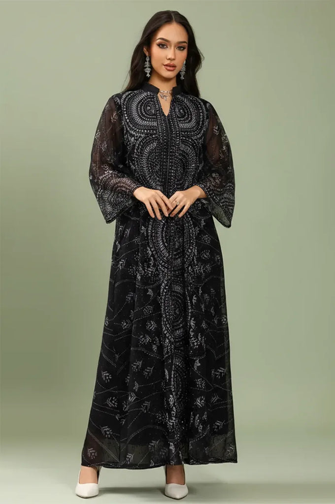 Kaftan Dress - Luxury Beach Club & Evening Gala - Silver Circular Embroidery Flared Sleeves - Sheer Georgette - US 12