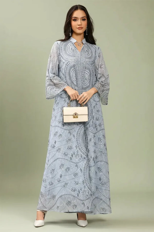 Front view of the Kaly Light Blue sheer maxi kaftan by Naylara showcasing the floor-sweeping silhouette and sheer georgette fabric.