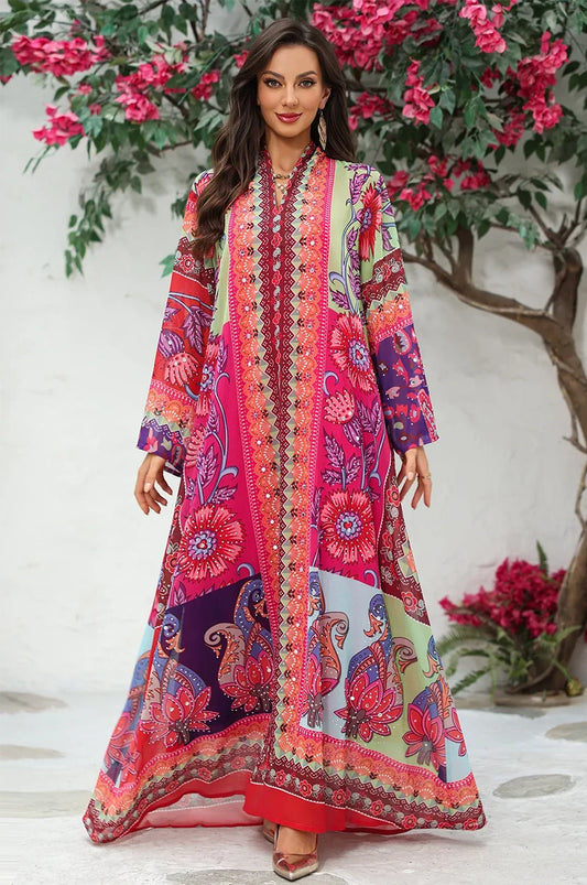 Lifestyle view of the Kimia orange Indian kaftan night dress paired with fashion accessories for a sophisticated bohemian look.