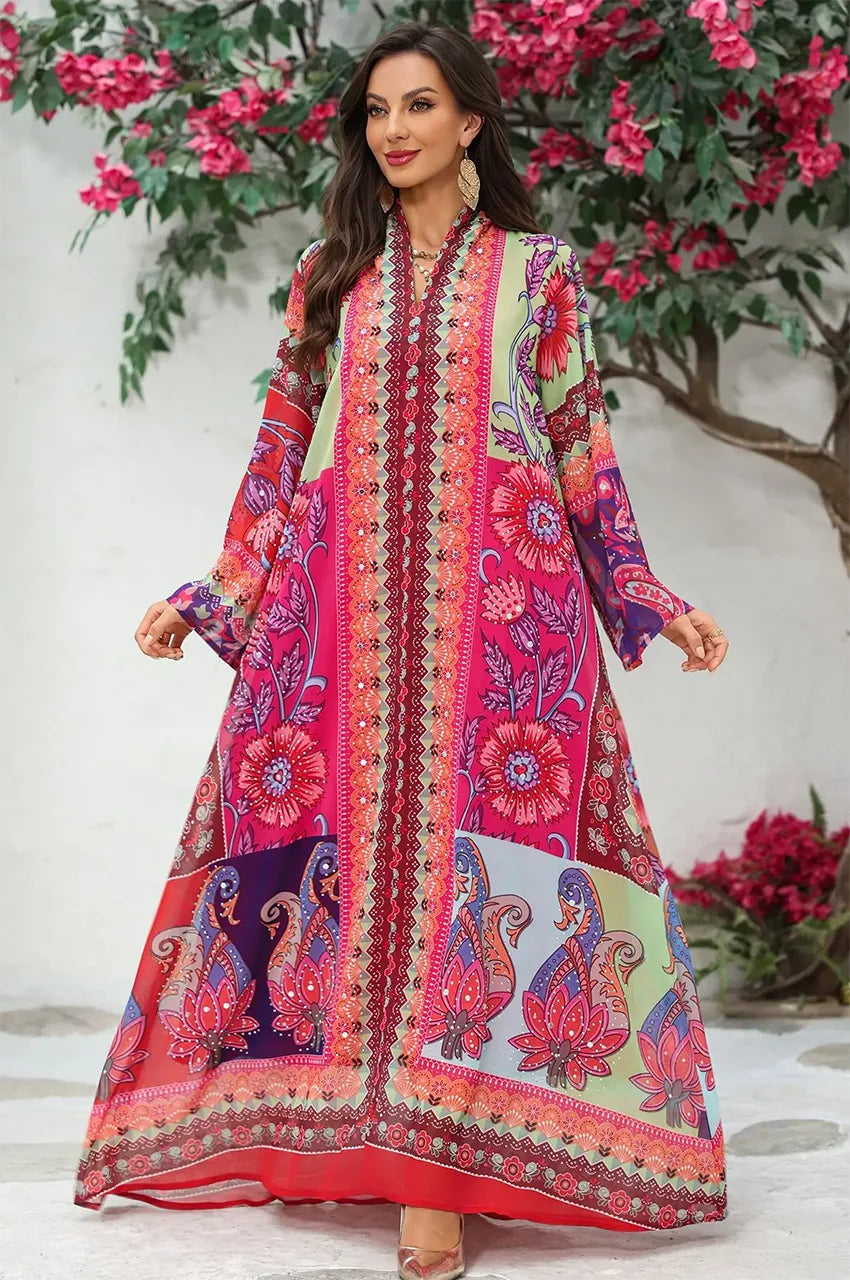 High-quality resort wear imagery of the Kimia Indian kaftan night dress in orange by Naylara, optimized for modest fashion shoppers.
