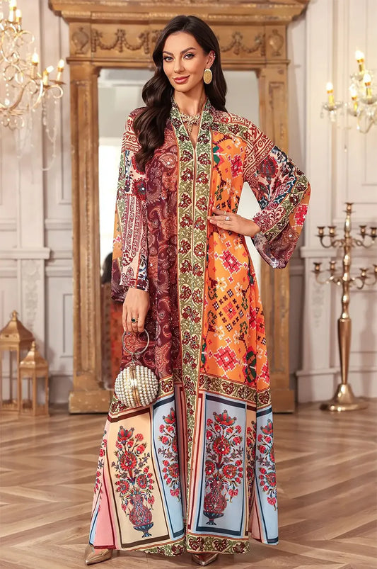 Fashion styling of the Kimia red Indian kaftan night dress paired with a pearl clutch for a sophisticated resort evening look.