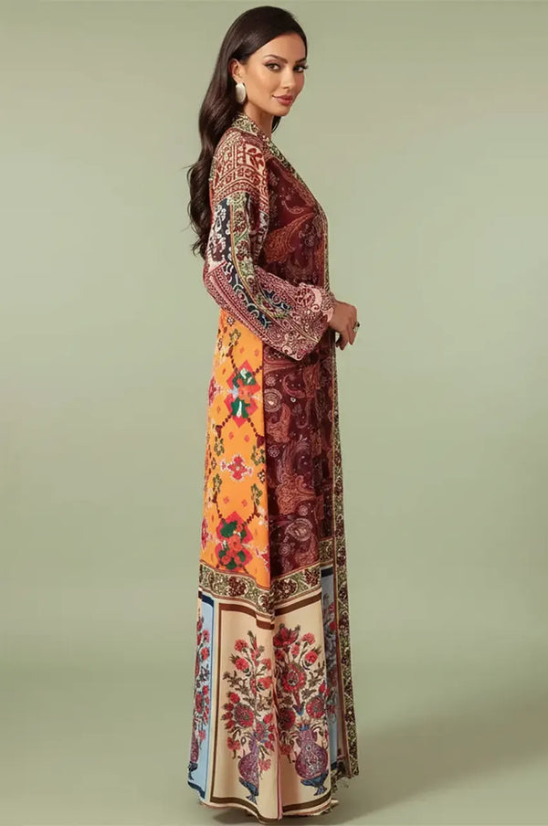Side profile of the Kimia red Indian kaftan night dress demonstrating the elegant flow and lightweight fabric of this loungewear piece.