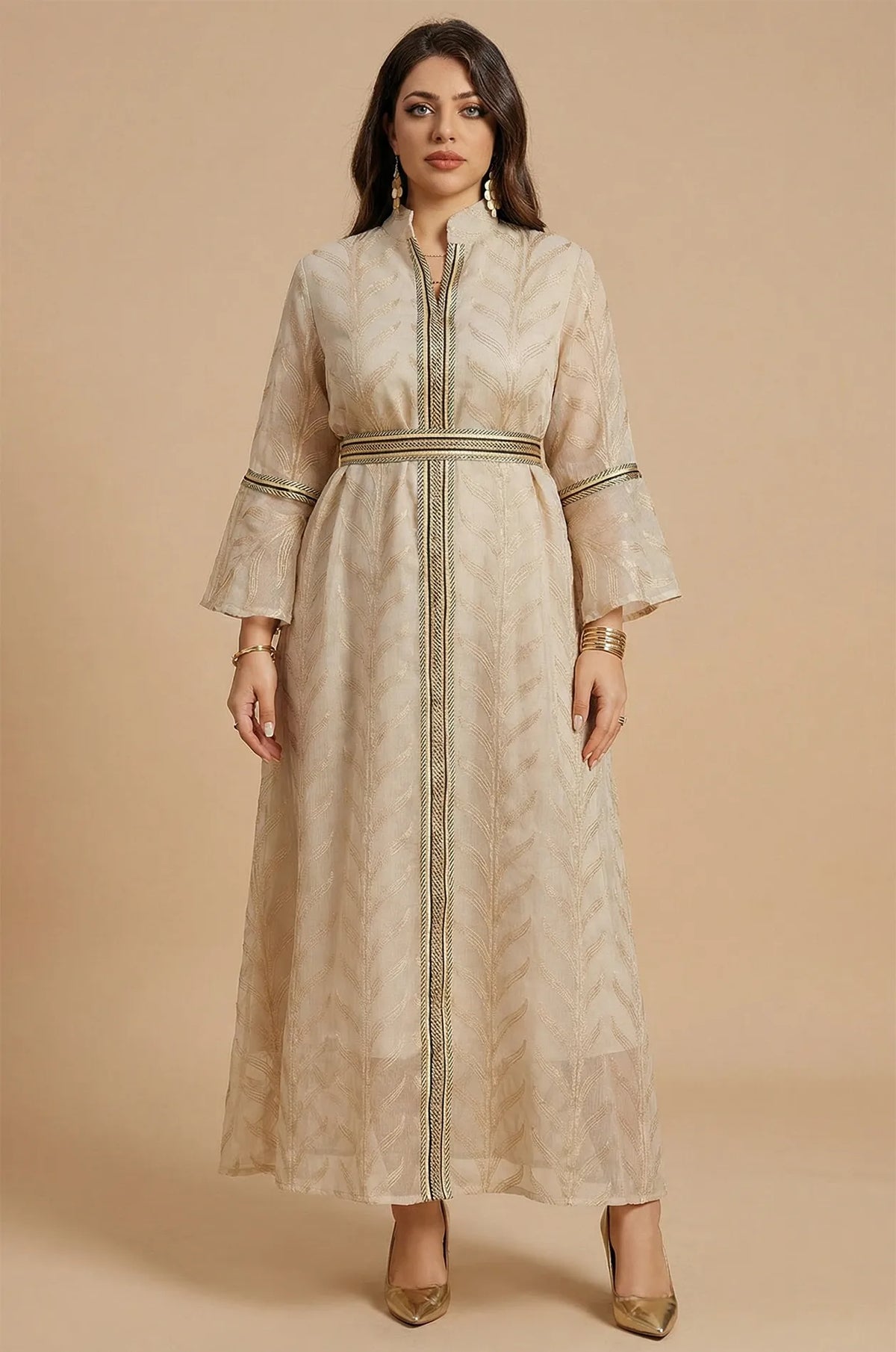Full-length front view of the Kitala Elegant Moroccan Kaftan in ivory beige featuring gold leaf embroidery and ruffled bell sleeves.
