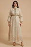 Full-length front view of the Kitala Elegant Moroccan Kaftan in ivory beige featuring gold leaf embroidery and ruffled bell sleeves.