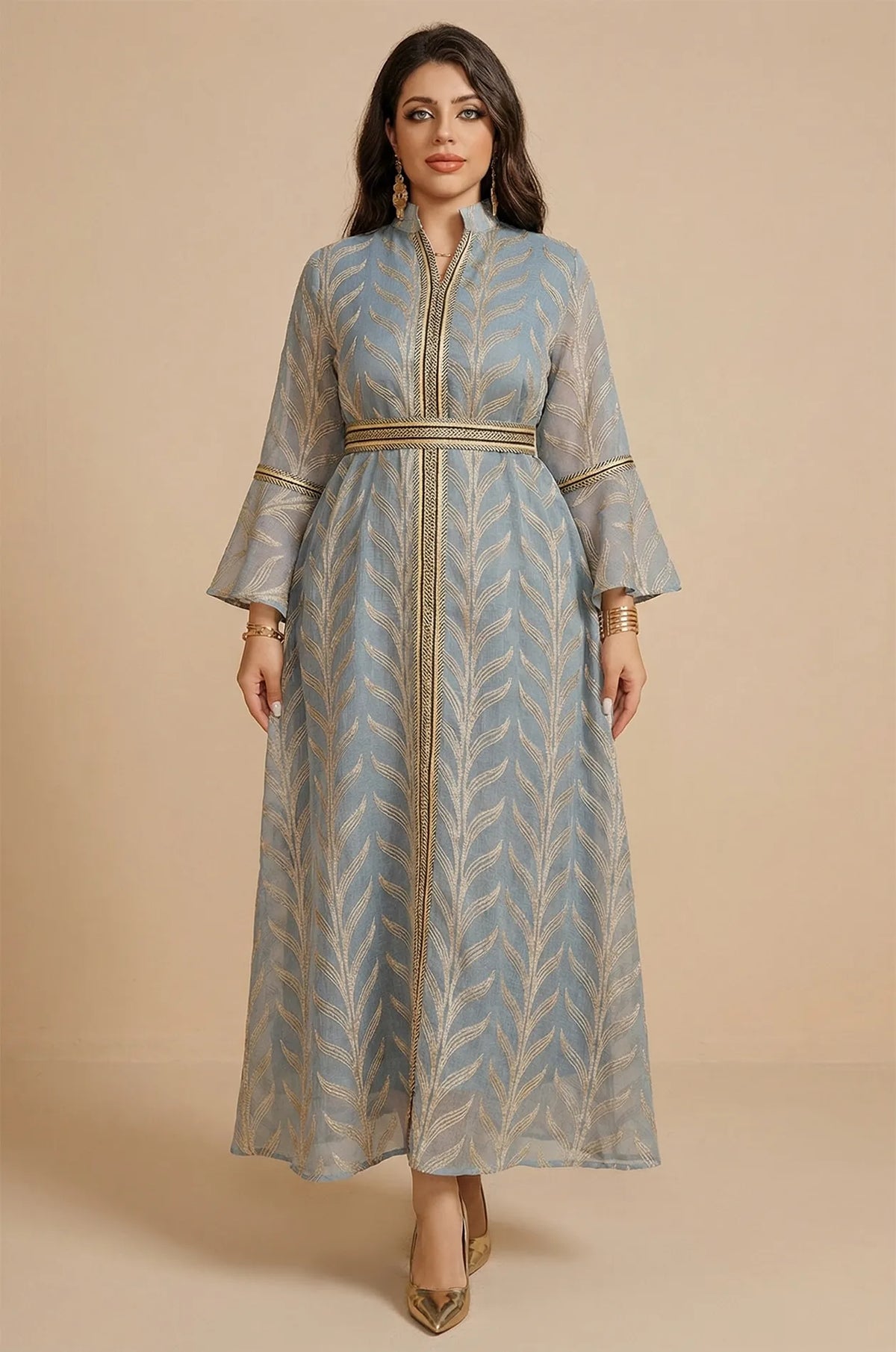 Full-length front view of the light blue Kitala Elegant Moroccan Kaftan by Naylara featuring metallic gold leaf embroidery and ruffled bell sleeves on a neutral background.