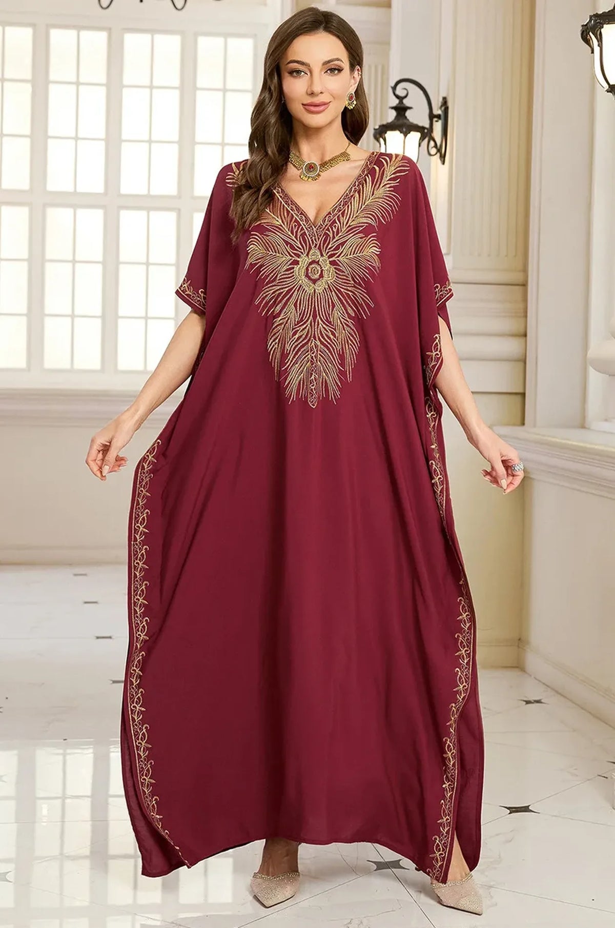 Naylara Laurel red kaftan arabesque gold border — open butterfly silhouette palace decor
