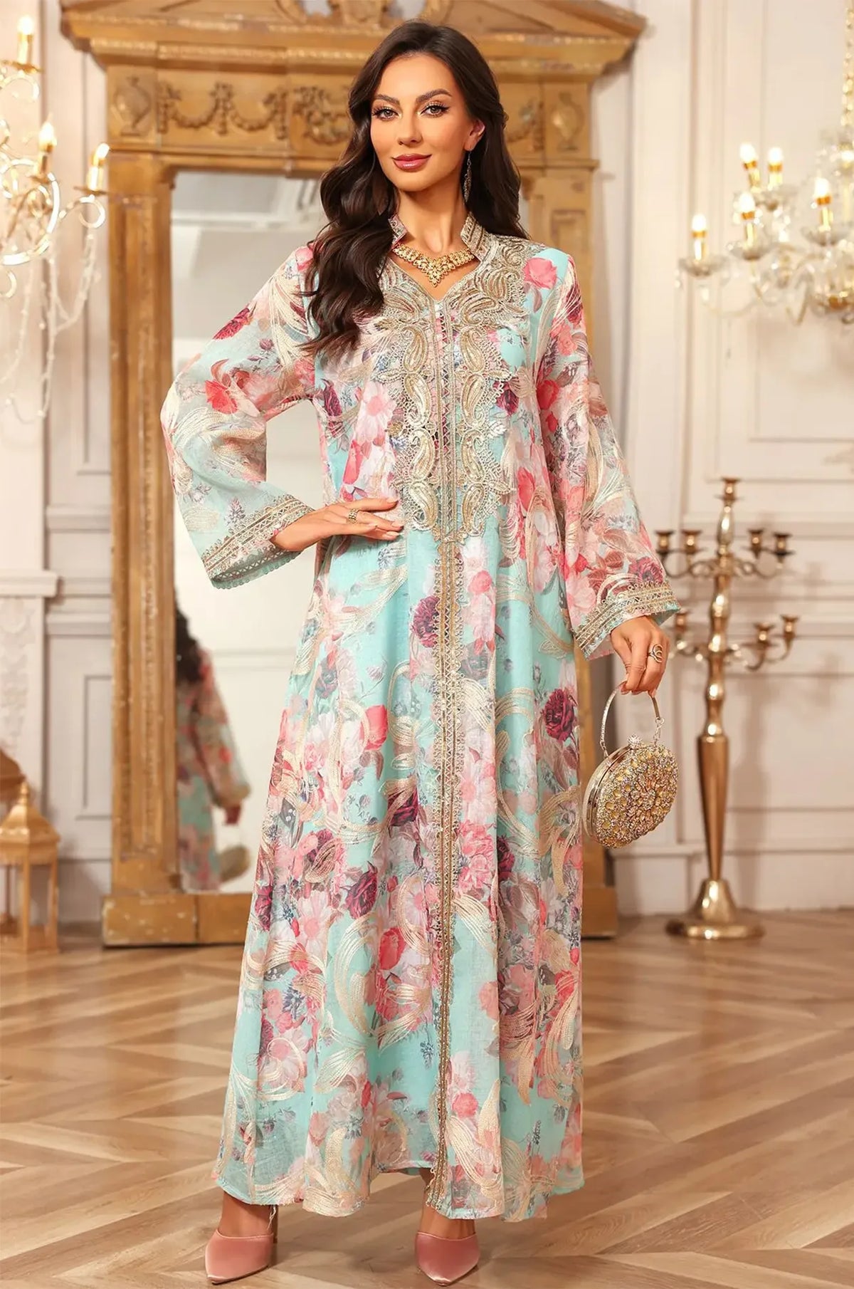 Full-length pose of the blue Lyrae vintage kaftan in a luxury interior setting with ornate gold decor.