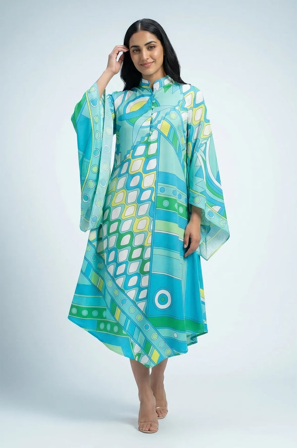 Naylara Myrtle colorful summer kaftan in teal geometric print — front lifestyle studio shot