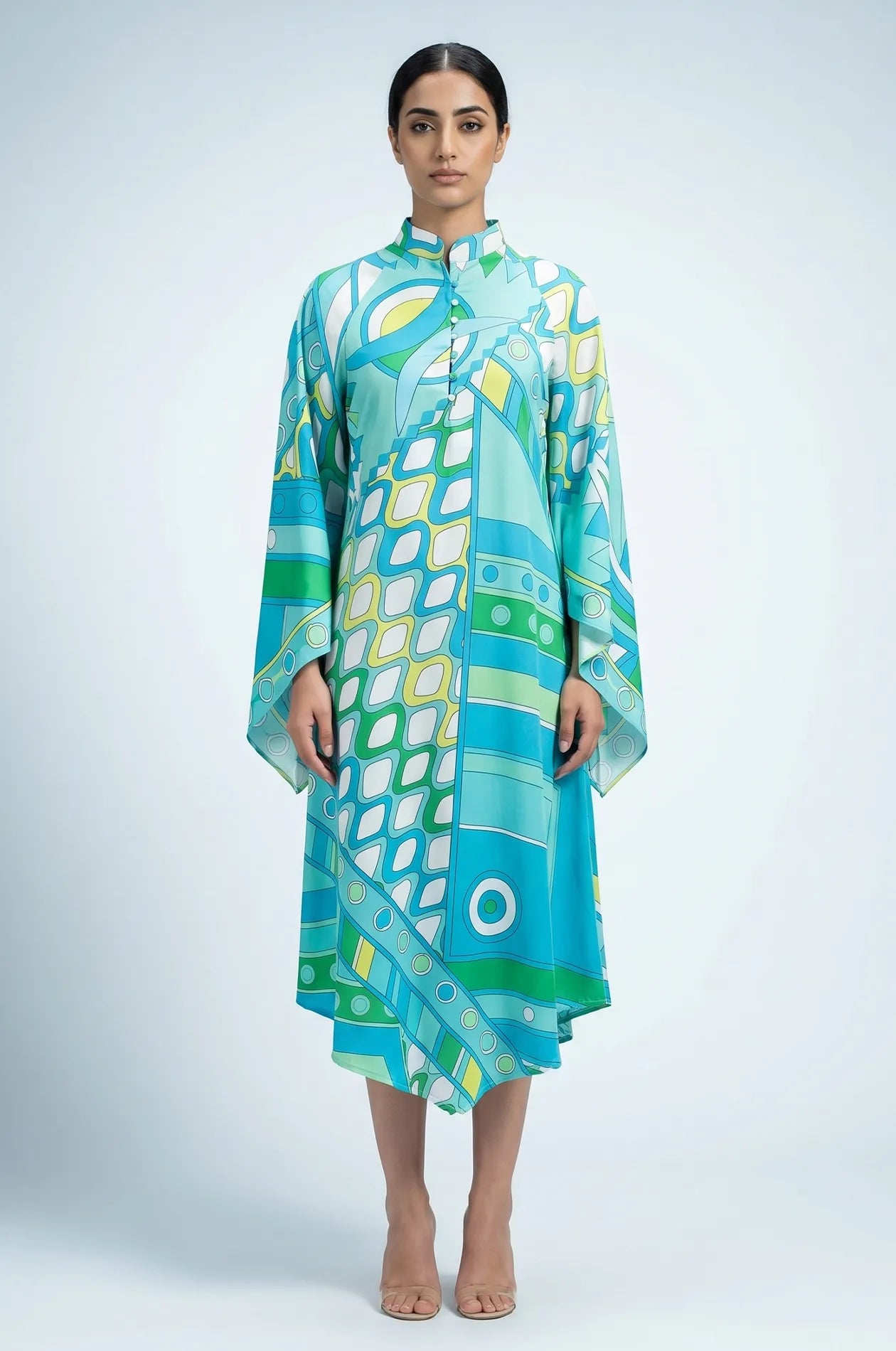Naylara Myrtle colorful summer kaftan in teal geometric print — front studio full length