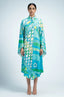 Naylara Myrtle colorful summer kaftan in teal geometric print — front studio full length