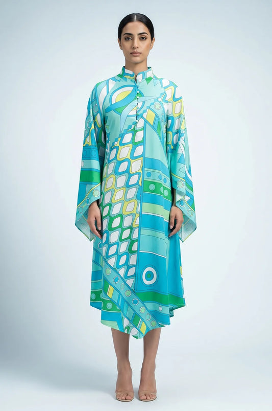 Naylara Myrtle colorful summer kaftan in teal geometric print — front studio full length