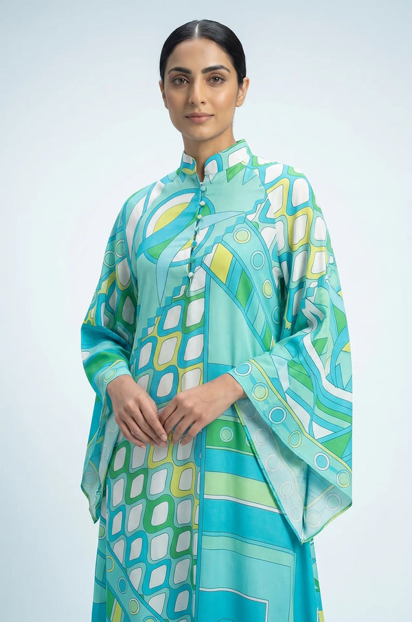 Naylara Myrtle teal geometric kaftan close-up — Mandarin collar and wide cape sleeve detail