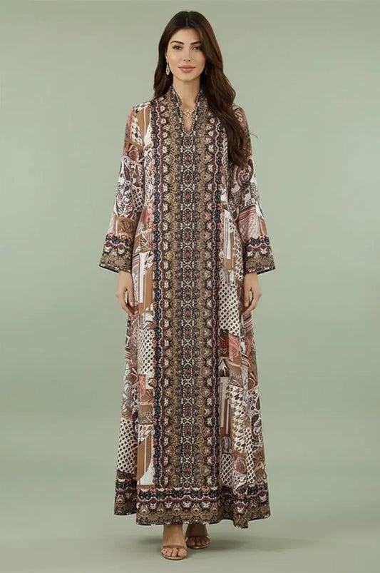 Full-length front view of the Nalah Green block print kaftan with intricate mosaic motifs.
