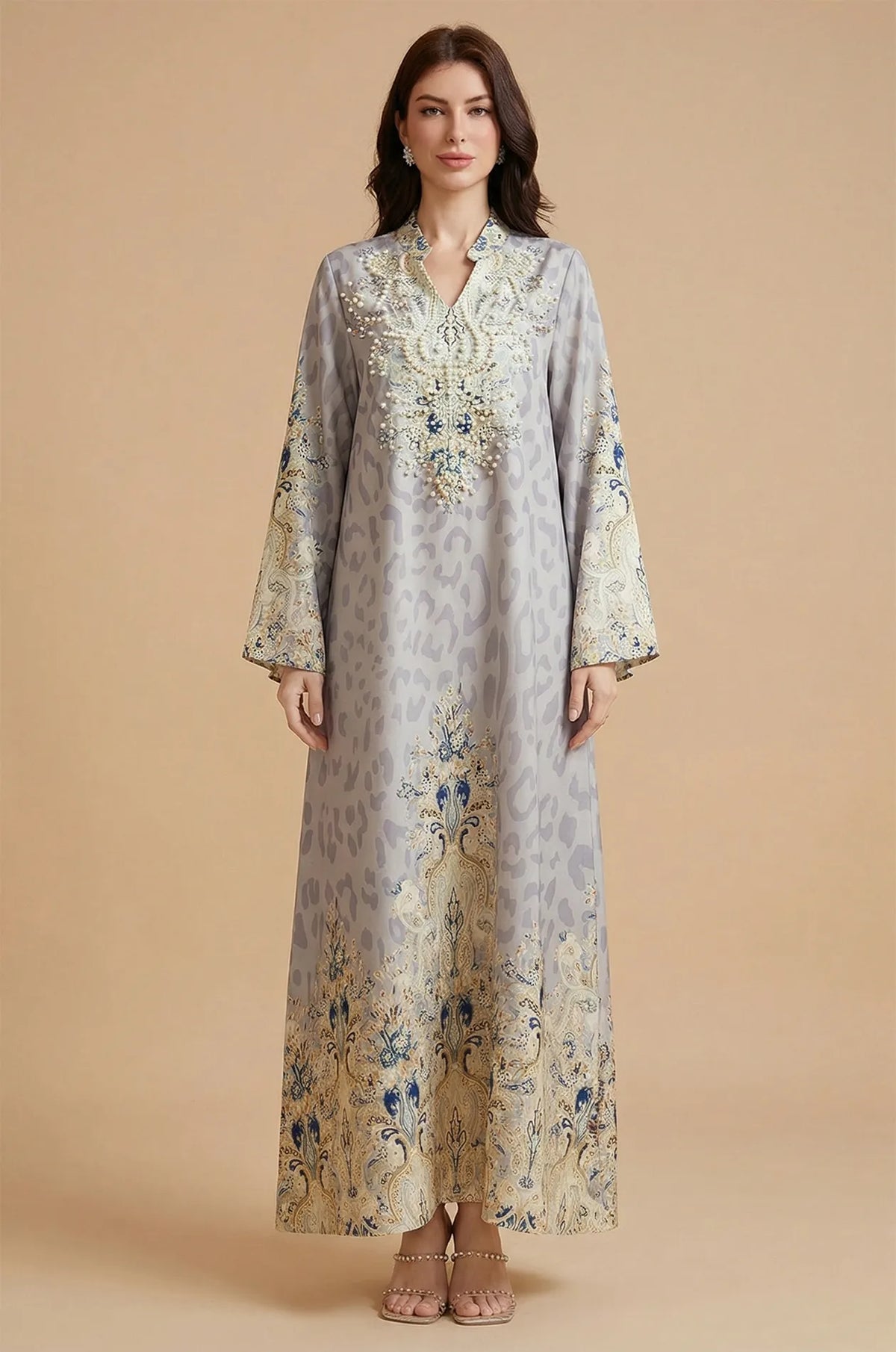 Full front view of the Nyx Gray Leopard Print Kaftan standing against a neutral background, highlighting the floor-length A-line silhouette and ornate blue borders.