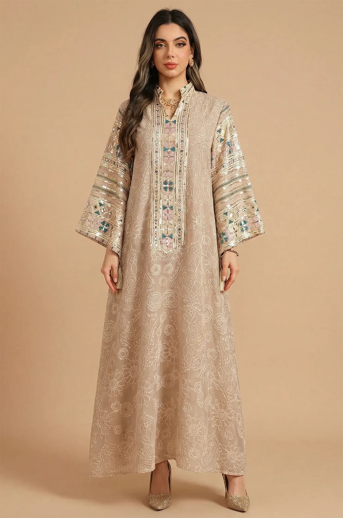 Full front view of the Naylara Orla bell sleeve kaftan in apricot beige with white floral embroidery.