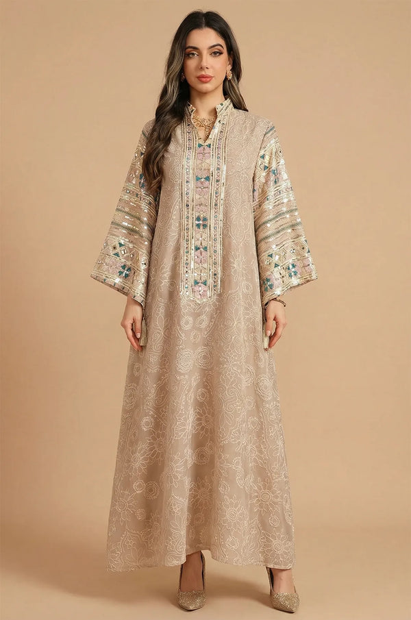 Full front view of the Naylara Orla bell sleeve kaftan in apricot beige with white floral embroidery.