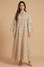 Full front view of the Naylara Orla bell sleeve kaftan in apricot beige with white floral embroidery.