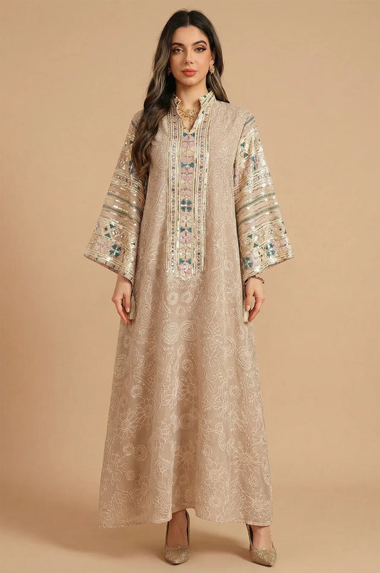 Full front view of the Naylara Orla bell sleeve kaftan in apricot beige with white floral embroidery.
