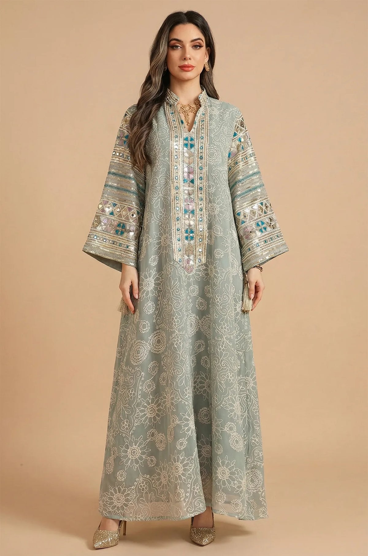 Full front view of the Naylara Orla light green bell sleeve kaftan featuring intricate white floral embroidery.