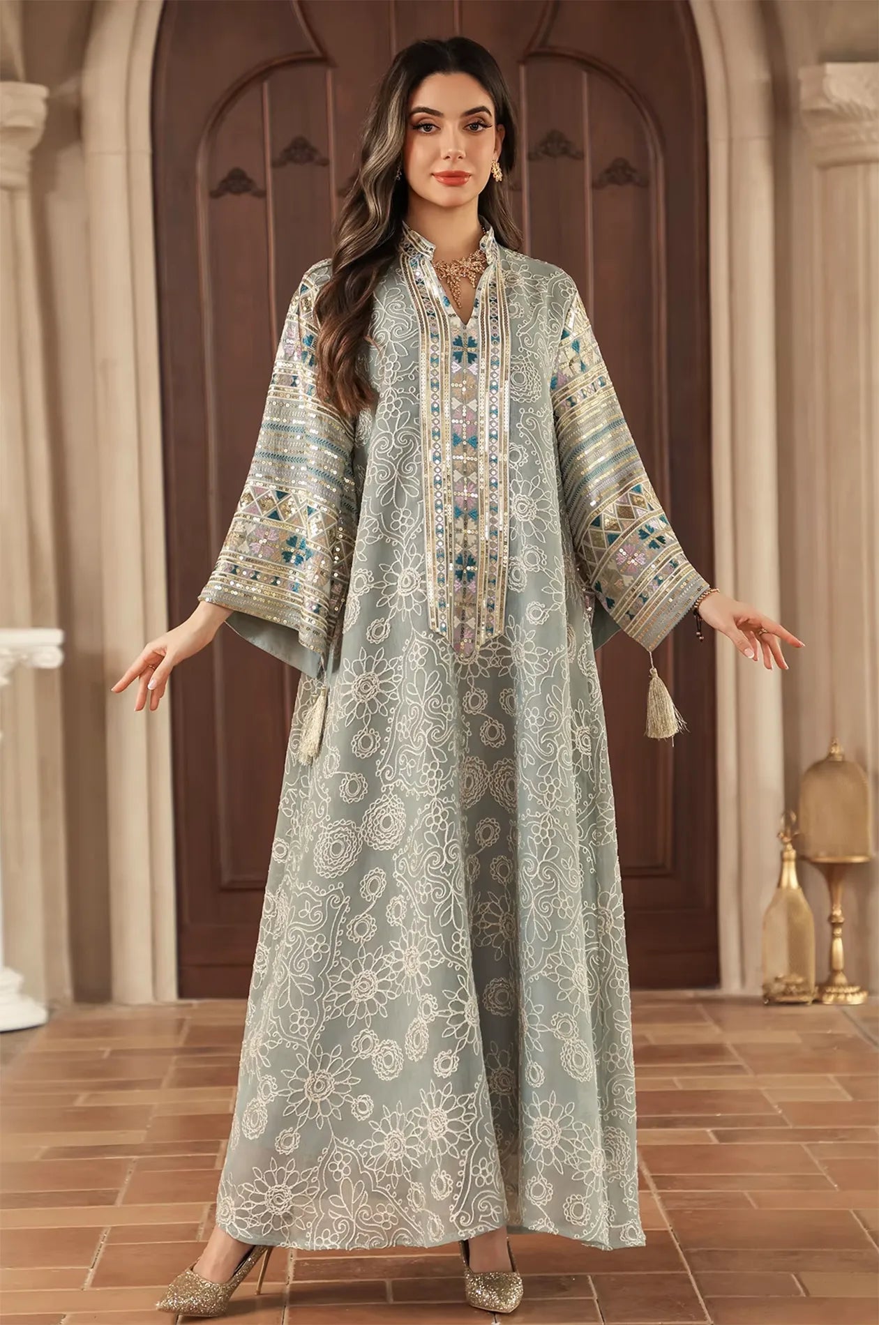 Orla Sequin Embroidered Bell Sleeve Kaftan in Light Green | Naylara Orla Sequin Embroidered Bell Sleeve Kaftan in Light Green | Naylara