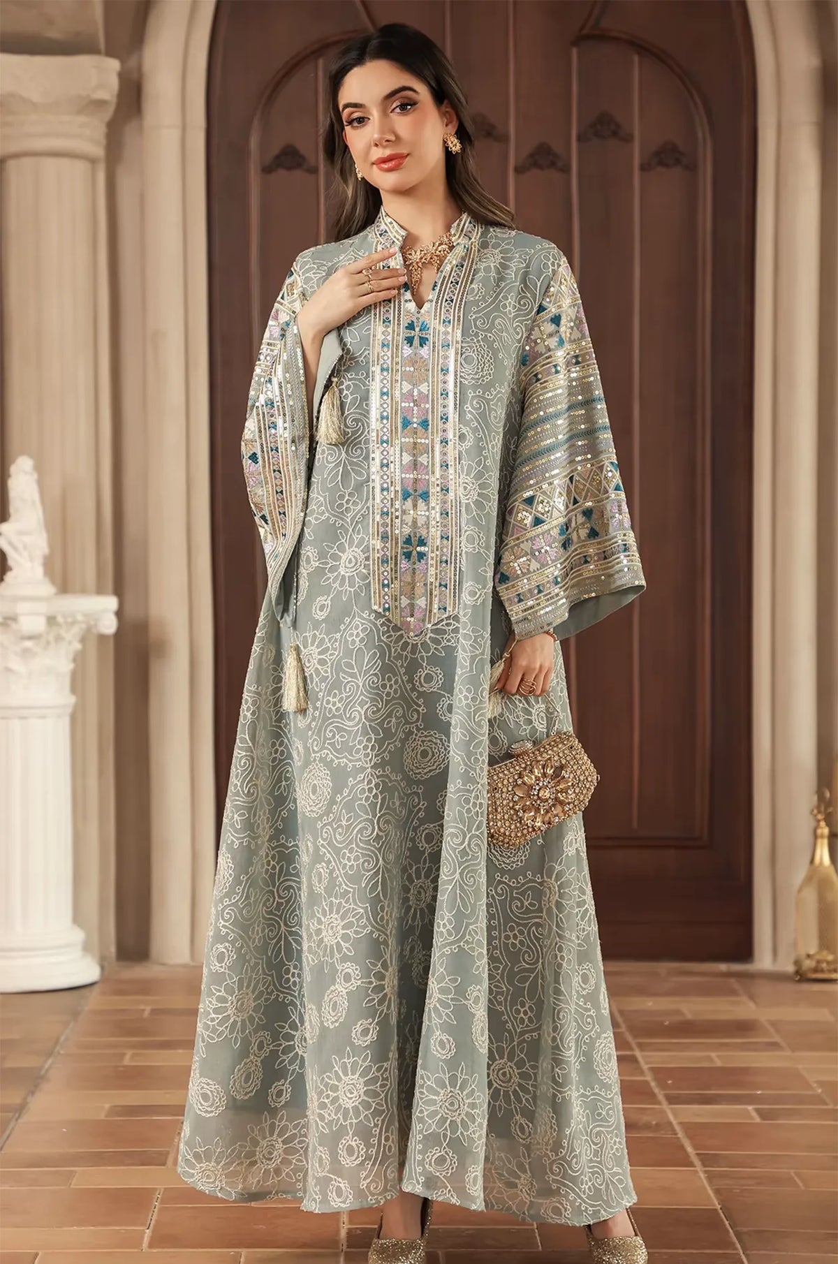 Frontal pose of the Orla light green bell sleeve kaftan, perfect for formal parties and wedding guest attire.