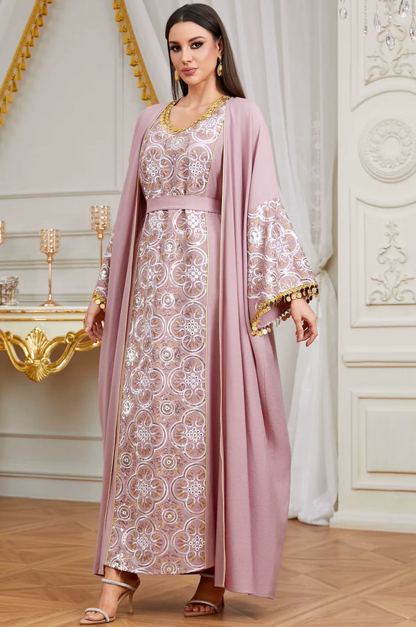 Novae Ornate Silver Embroidered Crepe Kaftan in Pink
