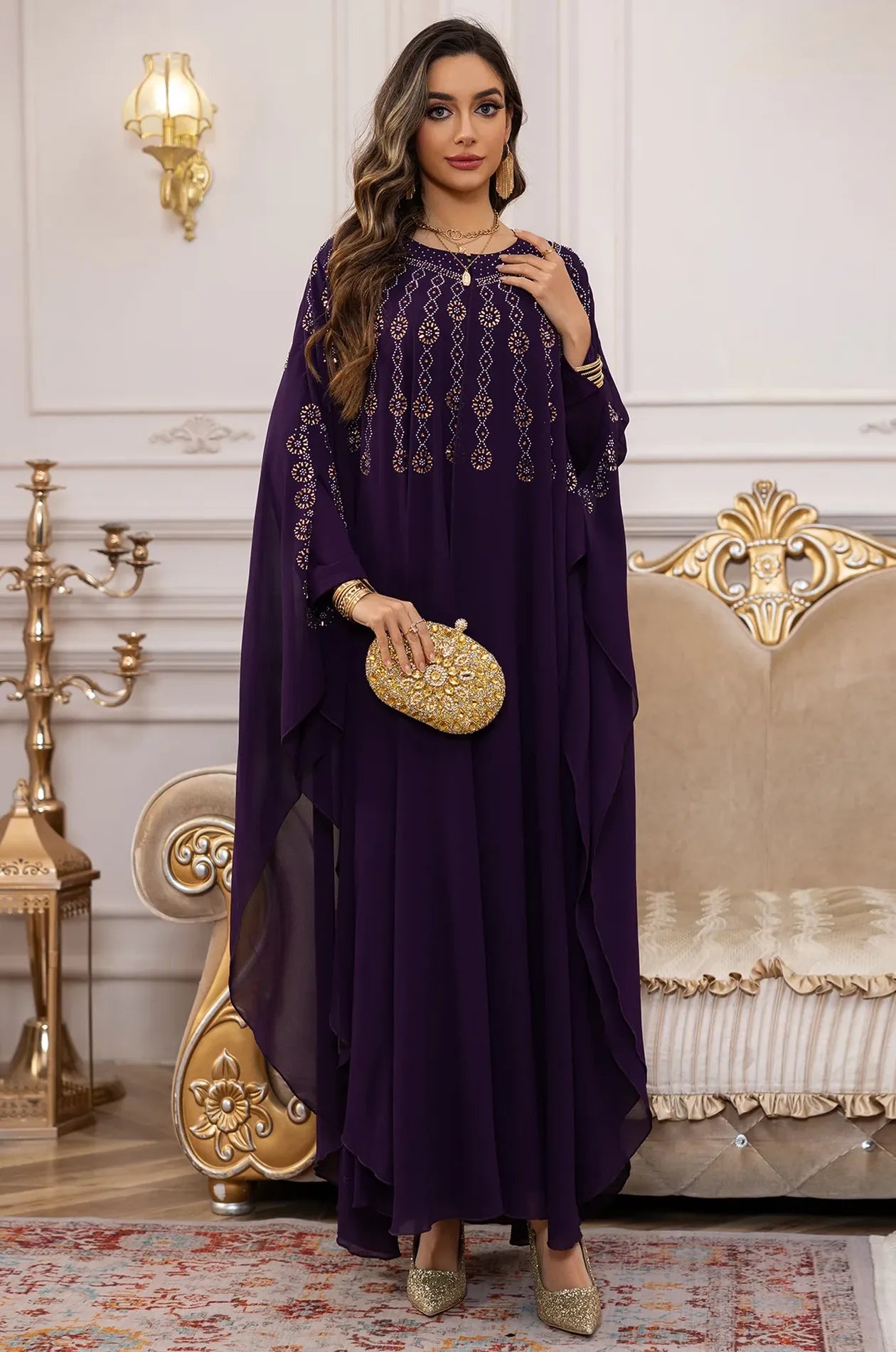 purple and gold kaftan dress Cassia Chiffon Butterfly Rhinestone Kaftan in Purple