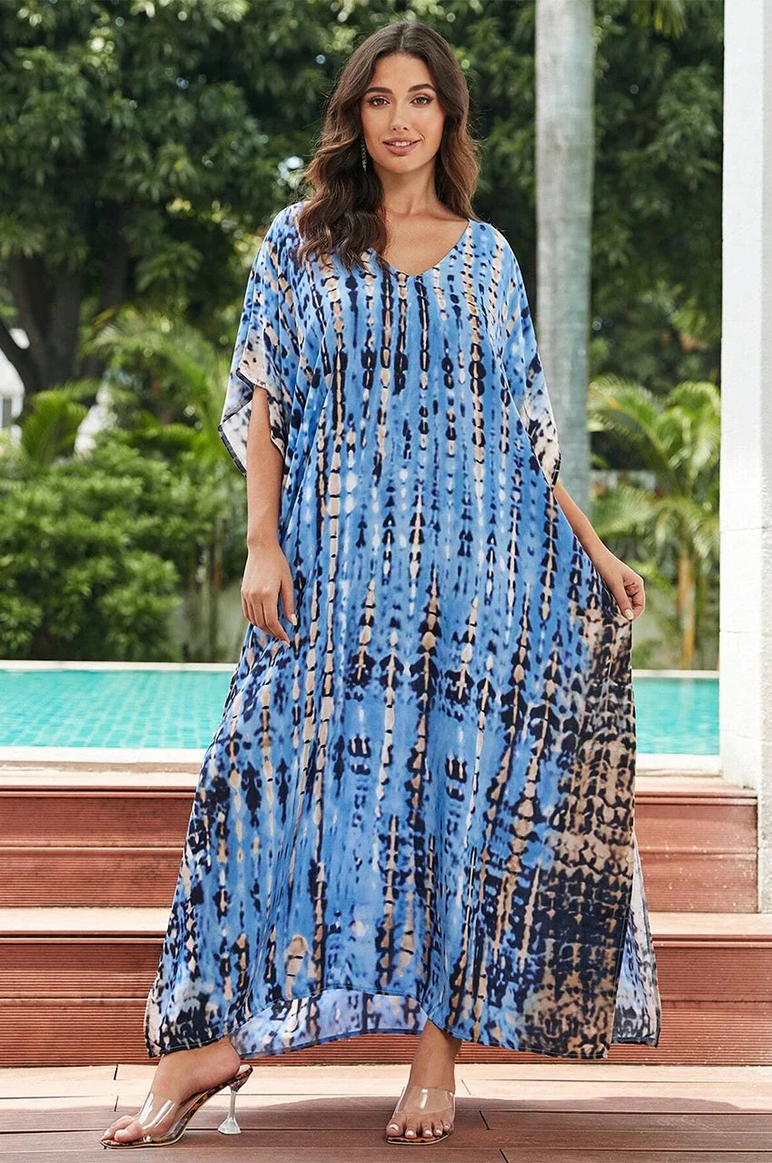 V-neck detail on Sahra Sky Blue Tie Dye Kaftan