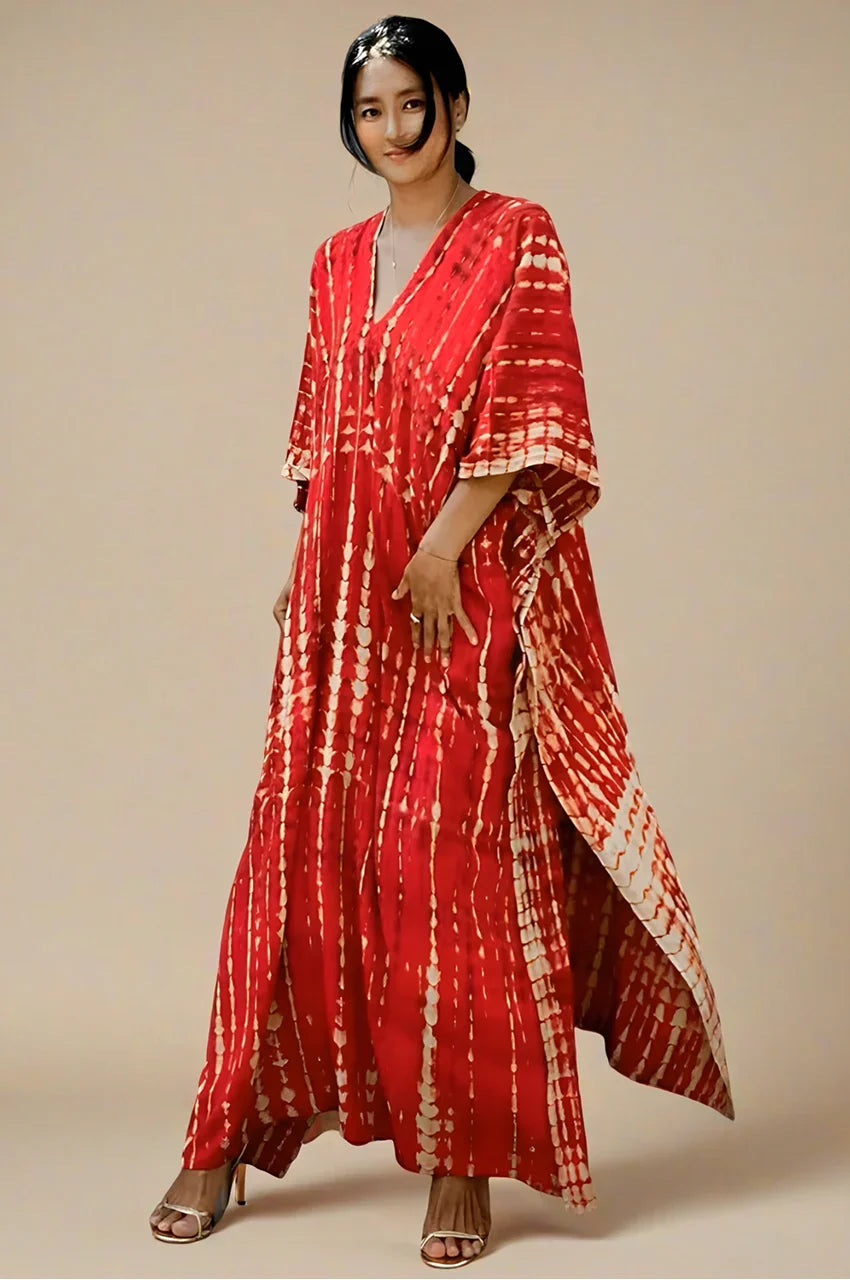 Sahra Red Tie Dye Kaftan fabric showing tie-dye texture and color contrast
