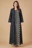 Full-length front view of the Saria black plus size sheer kaftan on a model, highlighting its elegant floor-length silhouette.