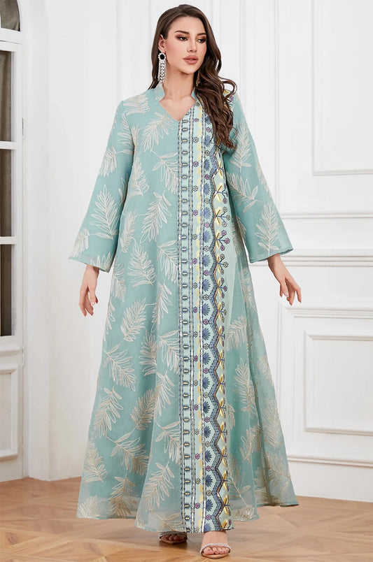 Full front view of the Saria gray plus size sheer kaftan featuring elegant silver leaf embroidery.
