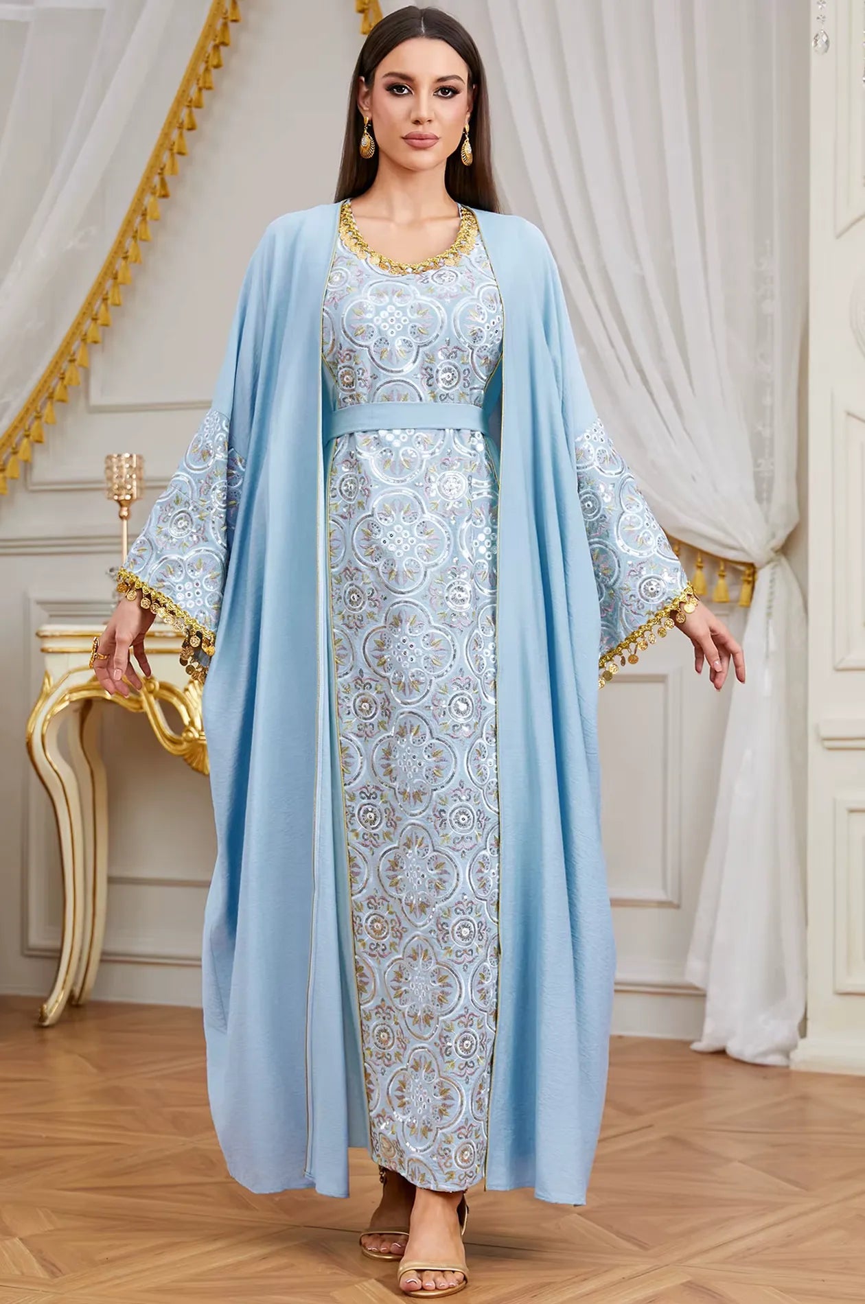 Full front pose of the sky blue Novae crepe kaftan, a perfect luxury choice for wedding guests and formal events.