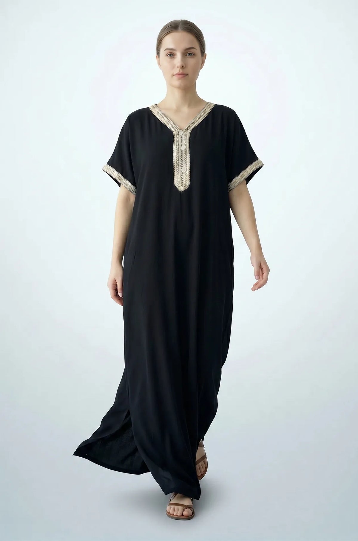Naylara Talitha Farasha Moroccan Kaftan Dress Black – Front View Walking