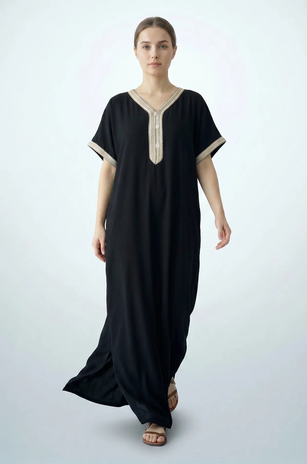 Naylara Talitha Farasha Moroccan Kaftan Dress Black – Front View Walking