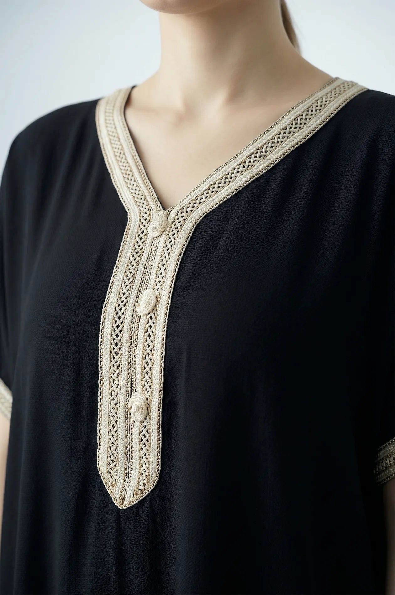 Naylara Talitha Farasha Moroccan Kaftan Dress Black – Sfifa Braid Neckline Close-Up
