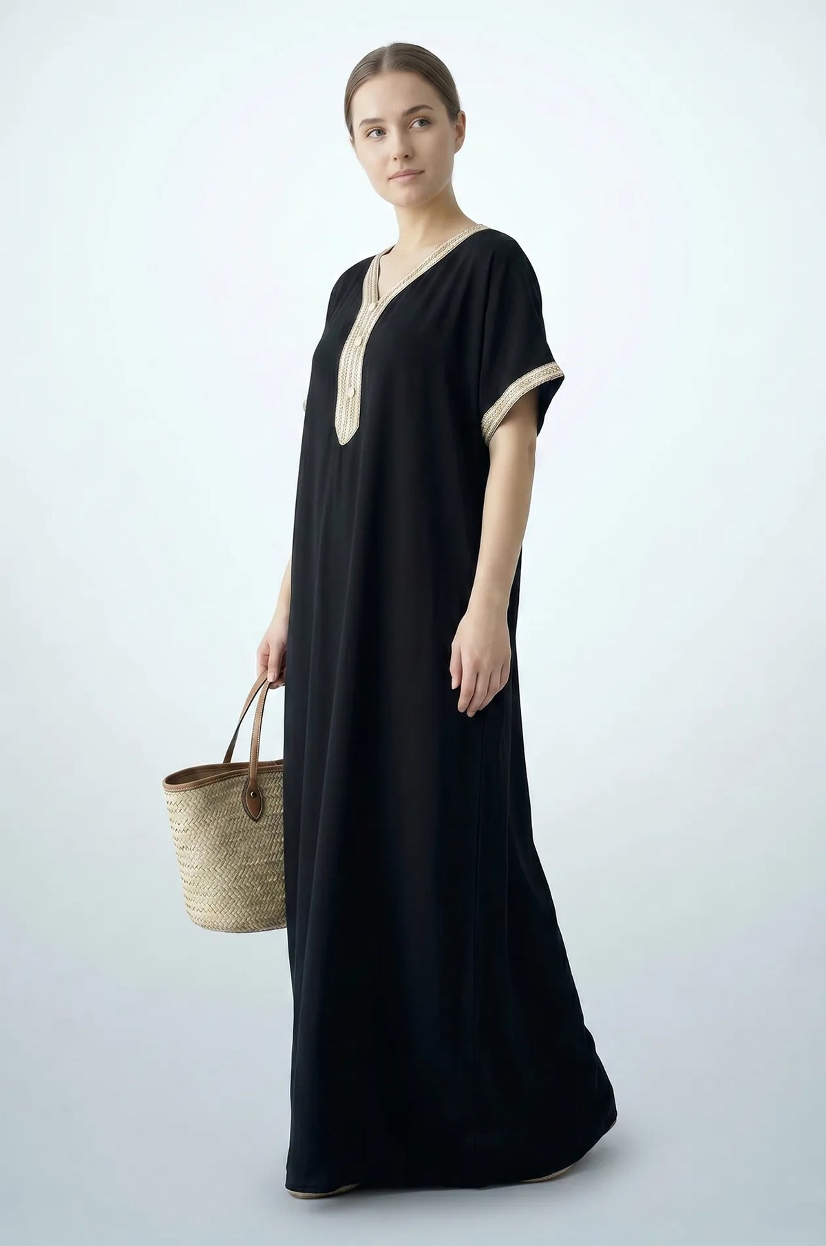 Naylara Talitha Farasha Moroccan Kaftan Dress Black – Side View Styled with Basket Bag
