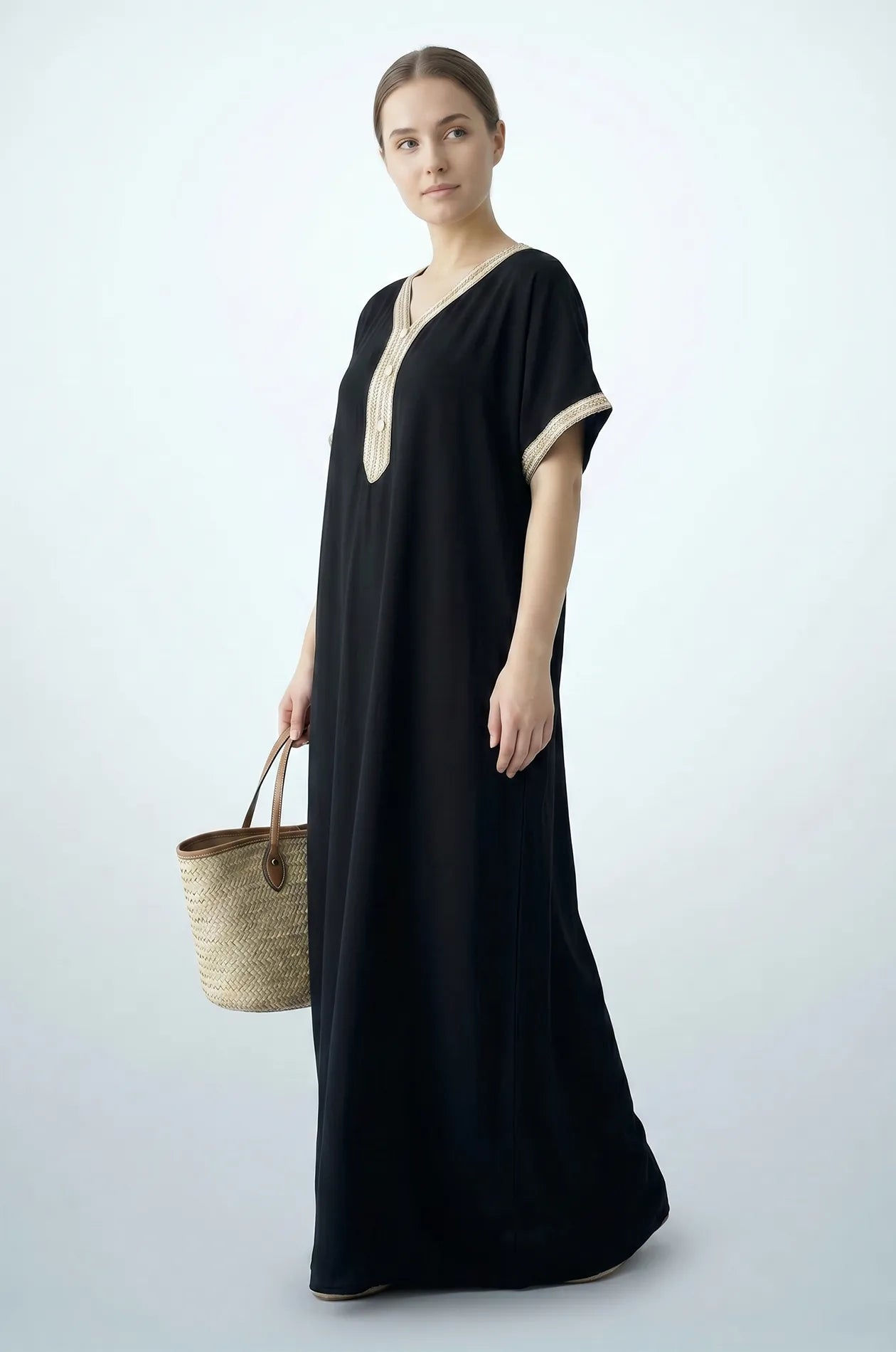 Naylara Talitha Farasha Moroccan Kaftan Dress Black – Side View Styled with Basket Bag