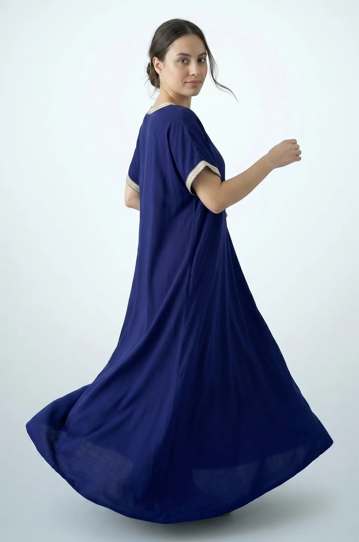 Naylara Talitha Farasha Moroccan Kaftan Dress Blue – Back View in Movement