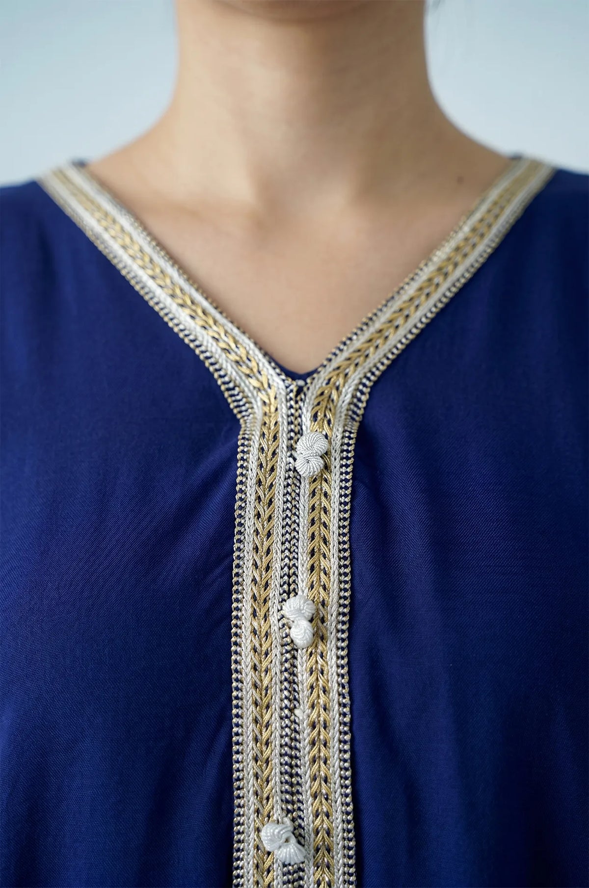 Naylara Talitha Farasha Moroccan Kaftan Dress Blue – Gold & Silver Sfifa Braid Close-Up