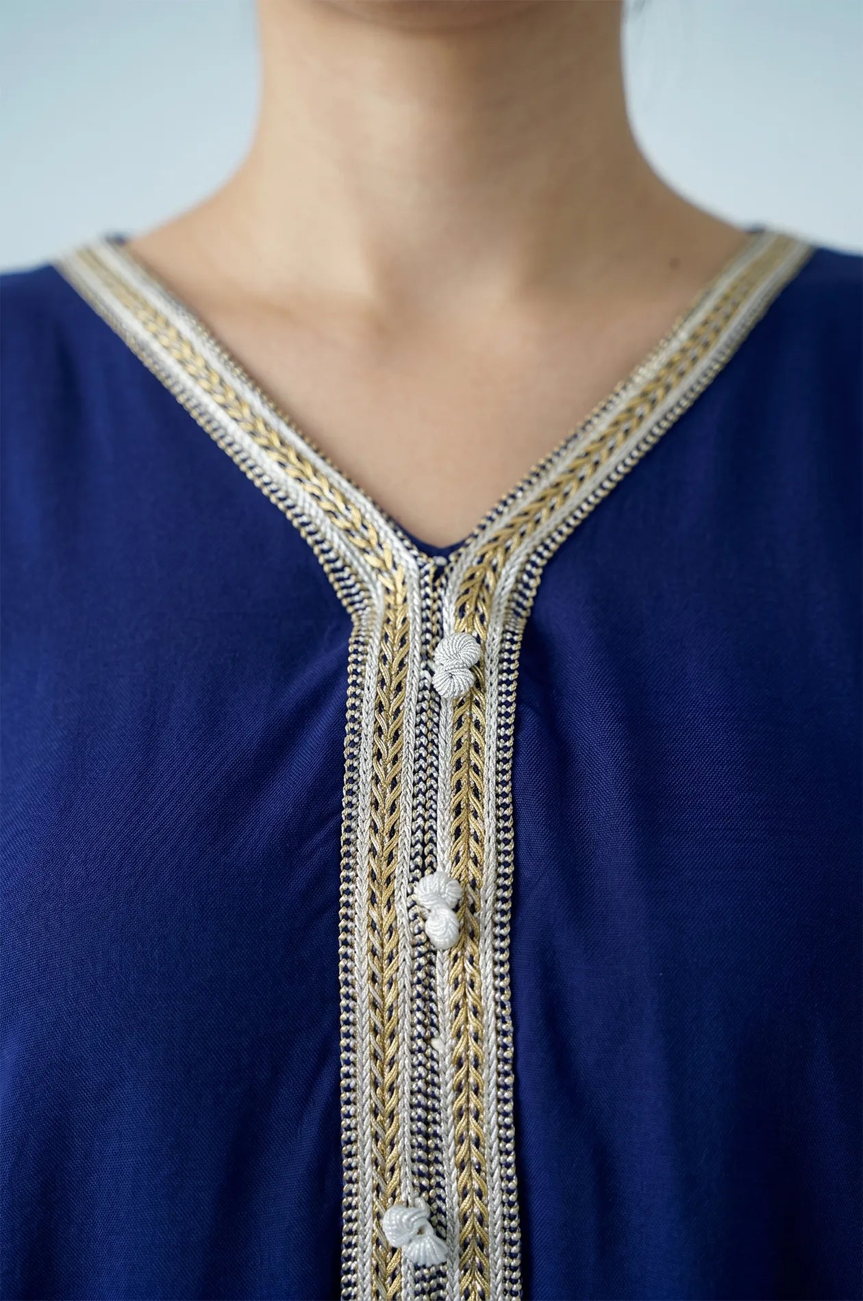 Naylara Talitha Farasha Moroccan Kaftan Dress Blue – Gold & Silver Sfifa Braid Close-Up