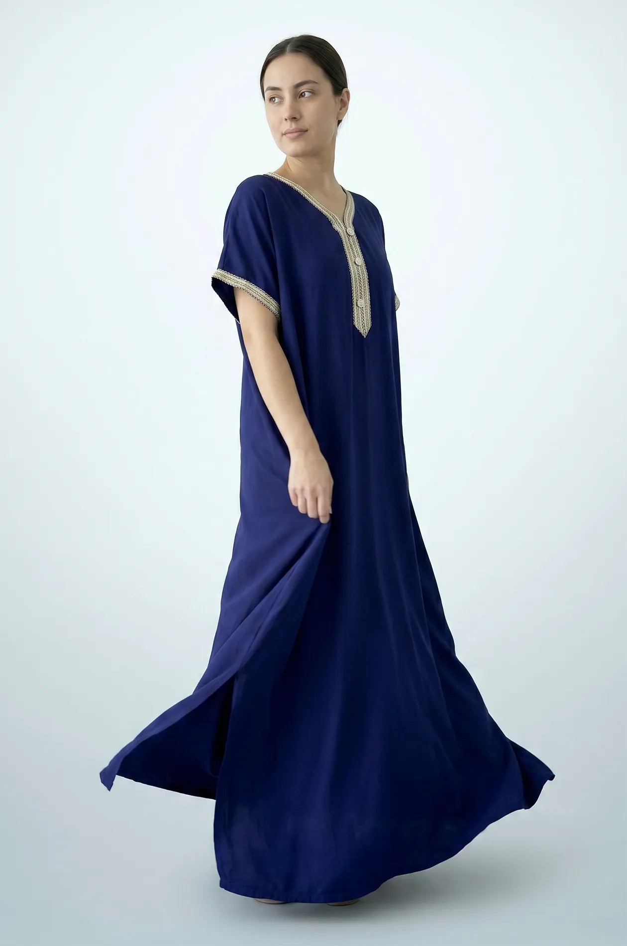 Naylara Talitha Farasha Moroccan Kaftan Dress Blue – Side View Walking