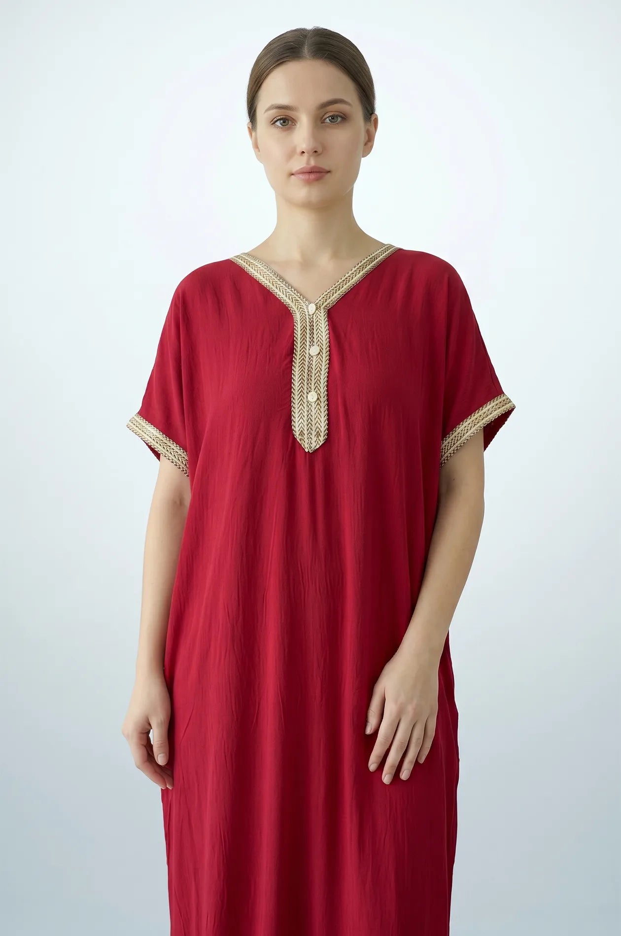 Naylara Talitha Farasha Moroccan Kaftan Dress Red – Front Bust Detail