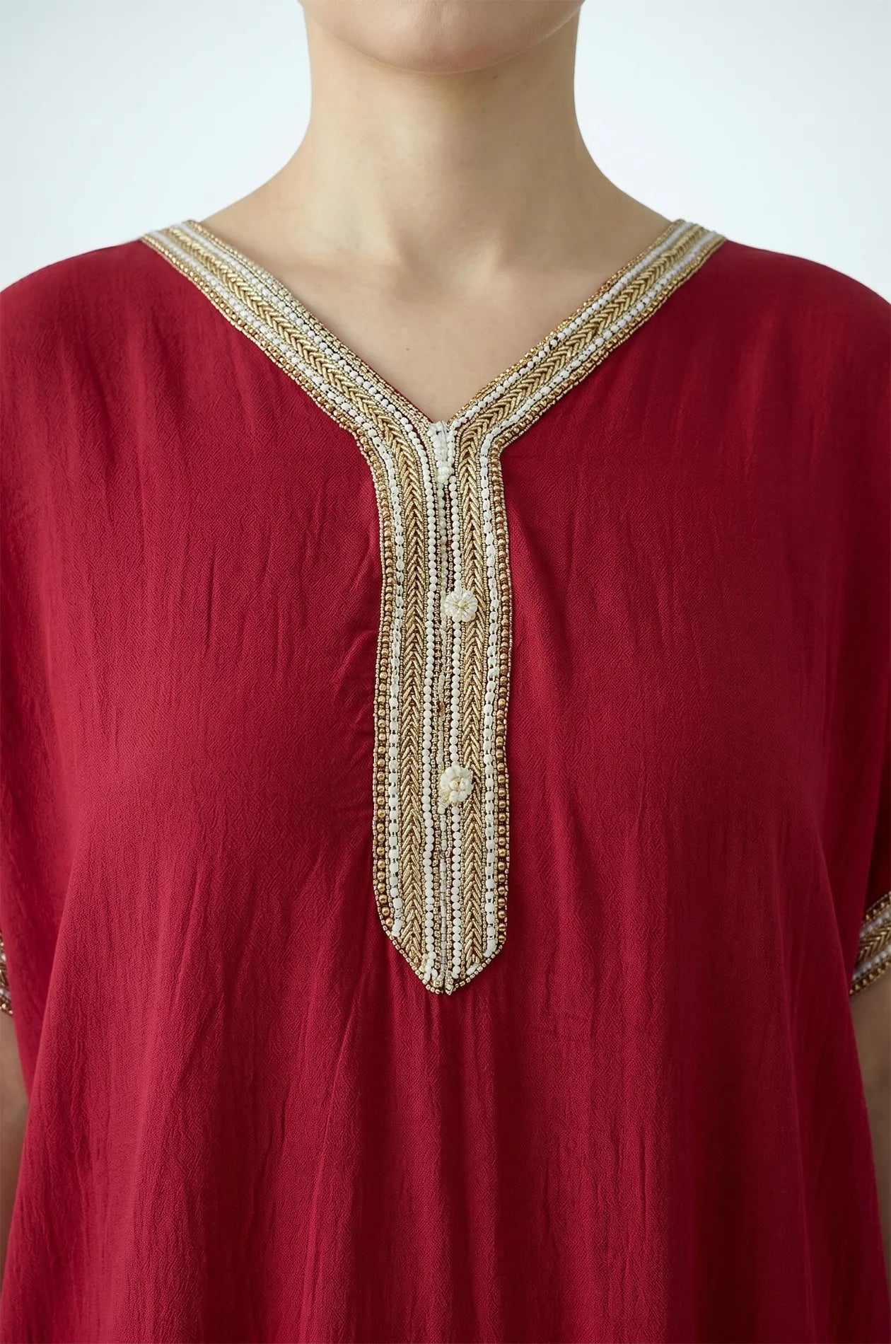 Naylara Talitha Farasha Moroccan Kaftan Dress Red – Gold & Silver Sfifa Braid Close-Up